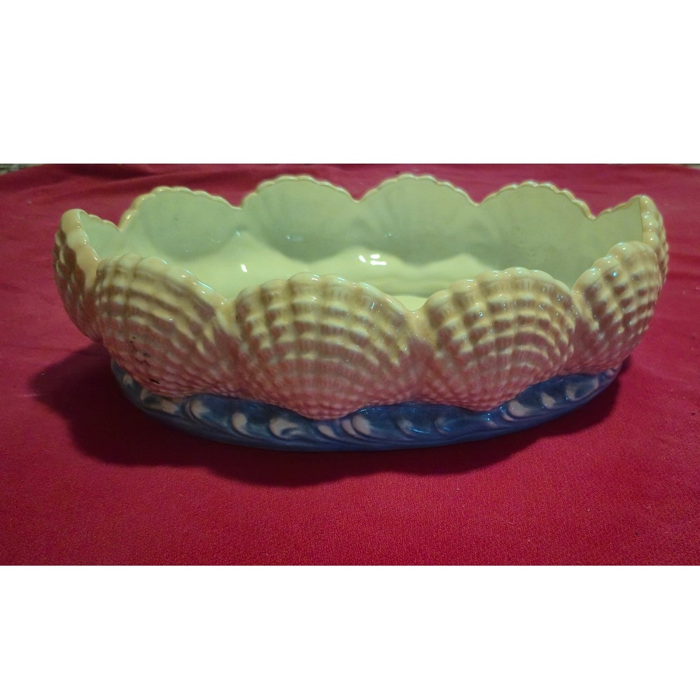 Vintage Ceramic Seashell Scalloped Centerpiece Bowl Coastal Blue Wave Base 11in